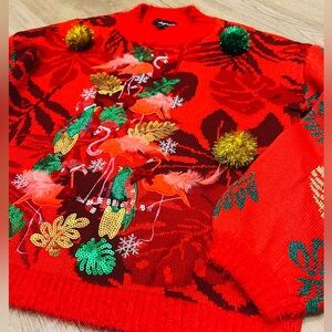 32 Degrees Red Embellished Holiday Sweater with Pom & Sequin Accents